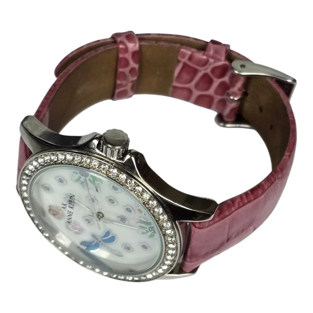 Anne Klein Women Watch 10/8859 Silver‎ Pink Leather Dragonfly Flower Crystal MOP